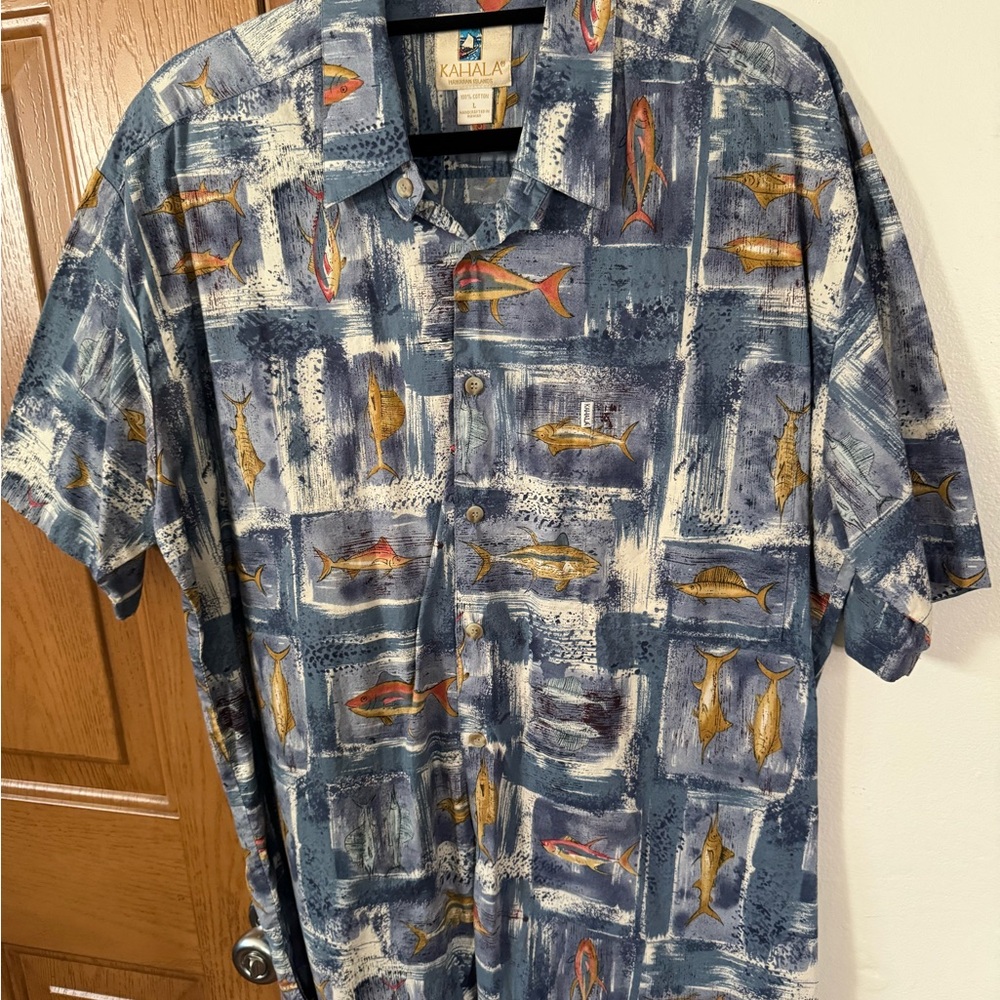 Blue, White and Orange Casual Button Down Shirt with Artistic Fish Pattern